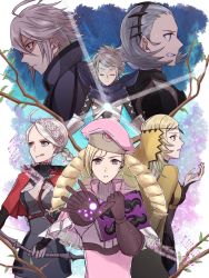 Rule 34 | 3boys, 3girls, ahoge, armor, bandana, beret, blonde hair, blue eyes, book, bow (weapon), braid, breasts, chlxms, cleavage, closed eyes, curly hair, drill hair, dwyer (fire emblem), fire emblem, fire emblem fates, forrest (fire emblem), grey hair, hairband, hat, kana (fire emblem), kana (male) (fire emblem), leaf, long hair, multiple boys, multiple girls, nina (fire emblem), nintendo, ophelia (fire emblem), sophie (fire emblem), tongue, twin braids, weapon, white hair