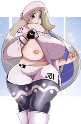 Rule 34 | 1girl, absurdres, black pantyhose, blue background, blue eyes, boots, breasts, clothes lift, cowboy shot, creatures (company), curvy, earrings, flashing, game freak, gloves, hat, highres, huge breasts, jewelry, lips, long hair, long sleeves, looking at viewer, mature female, melony (pokemon), navel, nintendo, nipples, one breast out, open mouth, pantyhose, pearl earrings, plump, pokemon, pokemon swsh, ring, shorts, silver hair, single glove, solo, sonson-sensei, sweater, sweater lift, teeth, turtleneck, turtleneck sweater, upper teeth only, white background, white hat, wristband