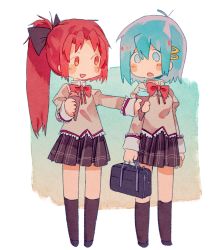 Rule 34 | 2girls, :d, :o, antenna hair, bag, black skirt, black socks, blue eyes, blue hair, blush, bow, bowtie, brown jacket, chibi, chinese commentary, commentary request, food, full body, giving, giving food, hair bow, high ponytail, highres, holding, holding bag, holding food, holding ice cream, ice cream, jacket, kneehighs, kumo02, long hair, looking at another, mahou shoujo madoka magica, mahou shoujo madoka magica (anime), miki sayaka, multiple girls, open mouth, outstretched arm, plaid, plaid skirt, red bow, red bowtie, red eyes, red hair, sakura kyoko, school uniform, short hair, skirt, smile, socks, solid eyes, standing, white background