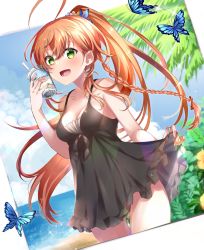 Rule 34 | 1girl, ahoge, bare arms, beach, black camisole, blurry, blurry background, blush, braid, breasts, bug, butterfly, camisole, camisole lift, clothes lift, cloud, cloudy sky, collarbone, commentary request, cup, disposable cup, drinking straw, flower, green eyes, hair between eyes, hair flower, hair ornament, highres, holding, holding cup, insect, long hair, looking at viewer, mashiro aa, medium breasts, ocean, open mouth, orange hair, original, plant, ponytail, sidelocks, single braid, sky, solo, tree, water drop