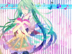 Rule 34 | 1girl, bad id, bad pixiv id, dress, closed eyes, female focus, green hair, hatsune miku, heart, long hair, musical note, pantyhose, solo, striped, striped background, twintails, very long hair, vocaloid, zero14