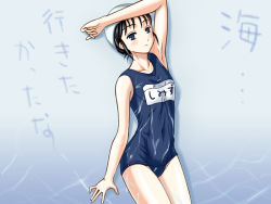 Rule 34 | 1girl, blue background, blue one-piece swimsuit, name tag, one-piece swimsuit, original, sandgarden, school swimsuit, simple background, solo, swimsuit
