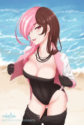 Rule 34 | 1girl, :d, beach, black gloves, black one-piece swimsuit, black pants, blush, breasts, brown hair, casual one-piece swimsuit, cleavage, clothes pull, collarbone, covered navel, cowboy shot, cslucaris, day, gloves, head tilt, highleg, highleg swimsuit, highres, jacket, jewelry, long hair, medium breasts, multicolored hair, necklace, neo politan, one-piece swimsuit, open clothes, open jacket, open mouth, outdoors, pants, pants pull, pink eyes, pink hair, rwby, signature, smile, solo, split-color hair, standing, swept bangs, swimsuit, two-tone hair, watermark, web address, white jacket