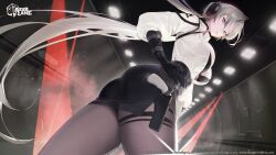 Rule 34 | 1girl, absurdres, ass, azur lane, belt, black belt, black bra, black gloves, black pantyhose, black skirt, blue eyes, bra, bra peek, breasts, cleavage, commentary, copyright name, cowboy shot, elbow gloves, english commentary, floating hair, from below, gloves, grey hair, gun, hand on own hip, handgun, headphones, high-waist skirt, highres, holstered, indoors, kronshtadt (azur lane), kronshtadt (begin the rush!) (azur lane), lamp, large breasts, logo, long hair, long sleeves, looking at viewer, official alternate costume, official art, open clothes, open shirt, oyabuli, pantyhose, parted bangs, parted lips, pencil skirt, promotional art, second-party source, shirt, sidelocks, skirt, solo, standing, thigh strap, underwear, very long hair, weapon, white shirt
