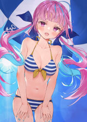 Rule 34 | 1girl, absurdres, ahoge, aqua nails, bikini, blue bikini, blue hair, blue ribbon, blunt bangs, blush, breasts, cleavage, commentary, cowboy shot, hair ribbon, halterneck, hands on own thighs, highres, hololive, long hair, looking at viewer, low twintails, medium breasts, minato aqua, minato aqua (hololive summer 2019), multicolored hair, nogami (minamiituki), open mouth, pink hair, purple eyes, ribbon, solo, streaked hair, striped bikini, striped clothes, swimsuit, twintails, virtual youtuber