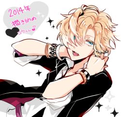 Rule 34 | 10s, 1boy, amo (yellowpink a), blonde hair, blue eyes, bracelet, collared shirt, diabolik lovers, fang, hair over one eye, heart, jacket, jewelry, looking at viewer, male focus, mukami kou, open mouth, school uniform, simple background, sleeves rolled up, solo, uniform, upper body, vampire, white background