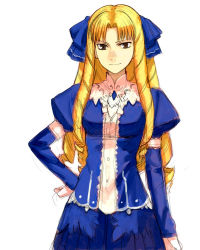 Rule 34 | 00s, 1girl, blonde hair, blue dress, bow, brown eyes, dress, drill hair, fate/hollow ataraxia, fate/stay night, fate (series), hair bow, hand on own hip, lace, lace-trimmed dress, lace trim, long hair, looking at viewer, luviagelita edelfelt, simple background, sketch, solo, white background, yu 65026