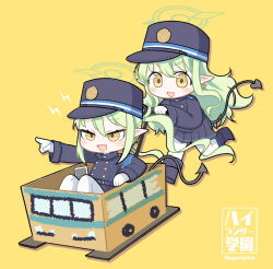 Rule 34 | 2girls, armband, black hat, black jacket, black skirt, blue archive, blue armband, blush, box, cardboard box, chibi, chibi only, ebi gohan, fang, floating hair, gloves, green hair, halo, hat, hikari (blue archive), nozomi (blue archive), in box, in container, index finger raised, jacket, long hair, long sleeves, looking ahead, looking at viewer, miniskirt, multiple girls, open mouth, outstretched arm, pantyhose, pleated skirt, pointing, pointy ears, pushing, running, shako cap, shoulder boards, sidelocks, simple background, skin fang, skirt, smile, twintails, v-shaped eyebrows, wavy hair, white gloves, white pantyhose, yellow background, yellow eyes