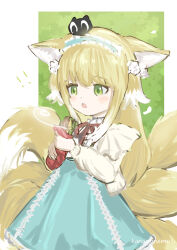 Rule 34 | !, !!, 1girl, animal ears, arknights, blue hairband, blue skirt, cardigan, commentary request, creature, creature on head, cross-laced clothes, cross-laced skirt, crossover, food, fox ears, fox girl, fox tail, frilled hairband, frills, green eyes, hairband, highres, holding, holding food, kanaminemu, kitsune, kyuubi, long sleeves, luo xiaohei, luo xiaohei zhanji, multiple tails, neck ribbon, official alternate costume, on head, one-hour drawing challenge, open mouth, puffy long sleeves, puffy sleeves, red ribbon, ribbon, skirt, suzuran (arknights), suzuran (spring praise) (arknights), tail, yellow cardigan