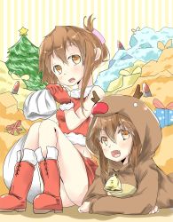 Rule 34 | 10s, 2girls, :d, alternate costume, animal costume, bare shoulders, bell, boots, box, brown eyes, brown hair, christmas, christmas tree, fang, folded ponytail, fur trim, gift, gift box, gloves, hair ornament, hairclip, highres, ikazuchi (kancolle), inazuma (kancolle), kantai collection, knees together feet apart, looking at viewer, lying, multiple girls, nagisa (imizogami), on stomach, open mouth, red footwear, red gloves, reindeer costume, sack, santa costume, smile, striped, striped background, torpedo, vertical stripes, yellow eyes