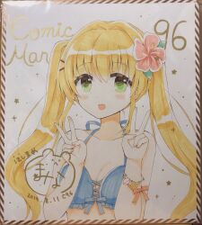 Rule 34 | 1girl, 2019, :d, bikini, blonde hair, blue bikini, blush, border, bracelet, breasts, cleavage, comiket 96, commentary request, dated, double v, eyelashes, eyes visible through hair, flower, green eyes, hair between eyes, hair flower, hair intakes, hair ornament, halterneck, hands up, happy, highres, hoshimame mana, jewelry, long hair, looking at viewer, open mouth, photo (medium), pink flower, shikishi, sidelocks, signature, simple background, small breasts, smile, solo, sparkle, summer pockets, swimsuit, tareme, tsumugi wenders, twintails, upper body, v, very long hair, white background, x hair ornament
