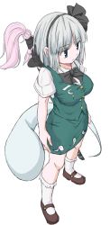 Rule 34 | 1girl, blue eyes, breasts, female focus, full body, hair ribbon, highres, hitodama, impossible clothes, konpaku youmu, konpaku youmu (ghost), large breasts, mary janes, neck ribbon, ribbon, serious, shoes, short hair, short sleeves, silver hair, simple background, socks, solo, sword, touhou, vippest, weapon, white background, white socks