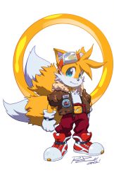 Rule 34 | 10s, 1boy, 2012, animal ears, belt, blonde hair, blue eyes, character name, child, clenched hand, dated, furry, furry male, gloves, goggles, goggles on head, jacket, looking at viewer, male focus, multiple tails, parody, rat rage, ring (sonic), robaato, sega, signature, smile, solo, sonic (series), standing, style parody, tail, tails (sonic)
