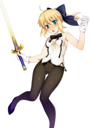 Rule 34 | 1girl, ahoge, artoria pendragon (all), artoria pendragon (fate), bare shoulders, black pantyhose, blonde hair, blush, bow, caliburn (fate), cameltoe, chestnut mouth, crotch seam, detached collar, fate/grand order, fate/stay night, fate/unlimited codes, fate (series), gloves, green eyes, hair bow, namonashi, open mouth, panties, panties under pantyhose, pantyhose, ponytail, saber (fate), saber lily, shiny clothes, short hair, solo, strapless, sword, underwear, weapon