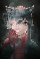 Rule 34 | 1girl, animal ears, arknights, black background, black hair, black jacket, black necktie, brown eyes, chinese commentary, cigarette, commentary request, gloves, hair between eyes, hand up, holding, holding cigarette, jacket, long hair, long sleeves, looking at viewer, necktie, nekonomi, off shoulder, official alternate costume, open clothes, open jacket, red gloves, red shirt, shirt, sidelocks, smoke, smoking, solo, texas (arknights), texas (willpower) (arknights), upper body, wolf ears