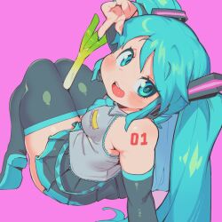 Rule 34 | 1girl, aqua eyes, aqua hair, aqua nails, aqua necktie, arm support, bare shoulders, black footwear, black skirt, blush, boots, breasts, commentary request, detached sleeves, full body, grey shirt, hatsune miku, high heels, leaning back, long hair, long sleeves, looking at viewer, medium breasts, microphone, miniskirt, necktie, open mouth, pink background, pink skirt, pleated skirt, redrawn, sanjiro (tenshin anman), shirt, shoulder tattoo, sidelocks, simple background, sitting, skirt, sleeveless, solo, spring onion, tattoo, thick arms, thick thighs, thigh boots, thighhighs, thighs, tiptoes, twintails, v, vocaloid, zettai ryouiki