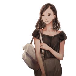 Rule 34 | 1girl, arm across waist, bag, black hair, black shirt, blouse, commentary request, earrings, grey skirt, highres, jewelry, jun (navigavi), long hair, looking to the side, parted bangs, shirt, short sleeves, shoulder bag, simple background, skirt, solo, standing, white background