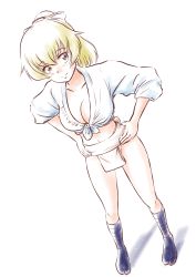 Rule 34 | 1girl, blonde hair, blush, breasts, carpaccio (girls und panzer), cleavage, closed mouth, collarbone, full body, fundoshi, girls und panzer, green eyes, hair ribbon, hands on own hips, highres, hiyama yuu (wee259hiyama), japanese clothes, large breasts, looking at viewer, navel, ponytail, ribbon, simple background, sketch, smile, solo, white background