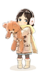 Rule 34 | 1girl, akiyama mio, coat, fukutarou (enji127), k-on!, looking at viewer, pantyhose, solo, stuffed animal, stuffed toy, teddy bear, white background, winter clothes, aged down