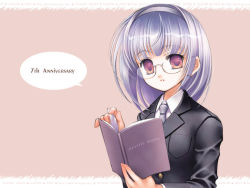 Rule 34 | 1girl, beige background, book, collared shirt, dress shirt, formal, glasses, holding, holding book, long sleeves, looking at viewer, open book, original, plastic moon, purple hair, rimless eyewear, shirt, short hair, silver hair, simple background, solo, suit, white shirt