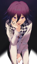 Rule 34 | 1boy, :p, black hair, buttons, checkered clothes, checkered scarf, danganronpa (series), danganronpa v3: killing harmony, double-breasted, from above, grey jacket, grey pants, hair between eyes, hand on own chin, highres, jacket, knee up, kuroto (cfdg3537), long sleeves, looking at viewer, male focus, multicolored hair, oma kokichi, pants, purple eyes, purple hair, scarf, short hair, sitting, smile, tongue, tongue out, two-tone hair