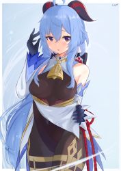 Rule 34 | 1girl, ahoge, artist name, bare shoulders, bell, black leotard, black pantyhose, blue gloves, blue hair, blush, bodystocking, bodysuit, bow, breasts, chinese knot, cliov, clothes lift, clothing aside, covered navel, detached sleeves, flower knot, ganyu (genshin impact), genshin impact, gloves, gold trim, groin, highres, horns, legs together, leotard, leotard under clothes, lifting own clothes, long hair, looking at viewer, medium breasts, neck bell, pantyhose, pelvic curtain, pelvic curtain aside, pelvic curtain lift, purple eyes, sidelocks, solo, standing, thighlet, white sleeves