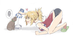 Rule 34 | 1girl, all fours, bandeau, blonde hair, blush, bowl, braid, breasts, cat, dolphin shorts, fate/apocrypha, fate (series), french braid, green eyes, grey shorts, hair ornament, hair scrunchie, heart, hood, hooded vest, hoodie, long hair, milk, milk carton, mordred (fate), mordred (fate/apocrypha), open mouth, parted bangs, ponytail, pouring, red vest, scrunchie, short shorts, shorts, sidelocks, slippers, small breasts, smile, speech bubble, spoken squiggle, squiggle, tonee, top-down bottom-up, vest
