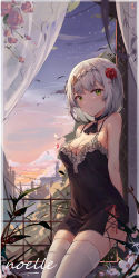 Rule 34 | 1girl, absurdres, arms behind back, ascot, bare arms, bare shoulders, bird, black ascot, blush, breasts, character name, cleavage, closed mouth, collarbone, cowboy shot, curtains, flower, genshin impact, gradient sky, green eyes, hair flower, hair ornament, highres, indoors, looking at viewer, medium breasts, noelle (genshin impact), red flower, red ribbon, red rose, ribbon, rose, short hair, silver hair, sky, sleeveless, smile, solo, thighhighs, thighs, twilight, white thighhighs, window, yajuu