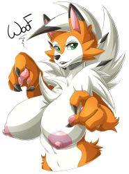 Rule 34 | 1girl, animal ears, animal hands, breasts, claws, creatures (company), dog ears, english text, female focus, furry, furry female, game freak, gen 7 pokemon, green eyes, half-closed eyes, hands up, highres, huge breasts, looking at viewer, lycanroc, navel, nintendo, nipples, open mouth, pokemon, pokemon (creature), pokemon sm, simple background, smile, solo, suddenhack, teeth, text focus, white background, white hair