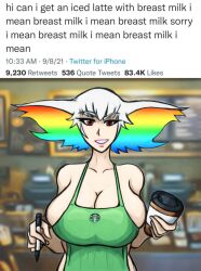 Rule 34 | 1girl, apron, biggy deez, breasts, cleavage, english text, facing viewer, gradient hair, highres, huge breasts, iced latte with breast milk (meme), kill la kill, kiryuuin ragyou, looking at viewer, mature female, meme, multicolored hair, naked apron, rainbow hair, starbucks, twitter, white hair