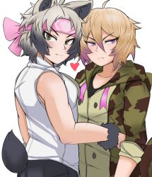 Rule 34 | 2boys, african rock python (kemono friends), ahoge, alternate hairstyle, animal ears, animal print, arms at sides, bare arms, bare shoulders, bear boy, bear ears, bear tail, black hair, blonde hair, brown eyes, closed mouth, collarbone, collared shirt, commentary, drawstring, english commentary, eyebrows visible through headband, ezo brown bear (kemono friends), fang, fang out, fur cuffs, genderswap, genderswap (ftm), gradient hair, grey hair, hair between eyes, headband, heart, highres, hood, hood down, hooded jacket, jacket, kemono friends, looking at viewer, male focus, medium hair, multicolored hair, multiple boys, nanoder, print jacket, purple eyes, purple hair, shirt, shorts, simple background, sleeveless, sleeveless shirt, snake print, snake tail, tail, toned, toned male, tsurime, two-tone hair, upper body, v-shaped eyebrows, white background, white shirt, wrist cuffs, yaoi