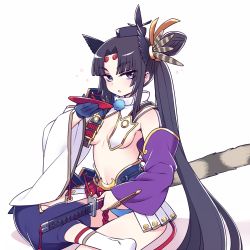 Rule 34 | 1girl, alcohol, animal ears, armor, armpits, asymmetrical sleeves, black hair, black hat, breastplate, chan co, cup, drunk, facepaint, fate/grand order, fate (series), hair ornament, hat, japanese armor, kusazuri, long hair, long sleeves, looking at viewer, mismatched sleeves, navel, panties, pom pom (clothes), raccoon ears, raccoon tail, revealing clothes, sakazuki, sake, simple background, sitting, socks, solo, sword, tail, tipsy, twintails, underwear, ushiwakamaru (fate), very long hair, weapon, white background, white socks