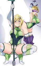 Rule 34 | 1girl, absurdres, akatsuki kirika, arms up, ass, blonde hair, breasts, cameltoe, covered erect nipples, covered navel, green eyes, green leotard, hair ornament, heart, heart-shaped pupils, highres, impossible clothes, impossible leotard, large breasts, leotard, mind control, multiple views, pussy juice, restrained, scythe, senki zesshou symphogear, shiny clothes, shiny skin, short hair, skin tight, skindentation, spasm, spread legs, squatting, stationary restraints, striped clothes, striped thighhighs, symbol-shaped pupils, thighhighs, twogie, x hair ornament