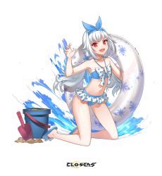 Rule 34 | 1girl, :d, arm up, armpits, bare arms, bare legs, bare shoulders, bikini, bikini skirt, blue bikini, bow, bucket, claw pose, closers, collarbone, fangs, flat chest, floral print, hair ornament, hair scrunchie, hairband, halterneck, highres, innertube, kneeling, long hair, looking at viewer, low twintails, navel, official art, open mouth, polka dot, red eyes, sand, sandals, scrunchie, seth (closers), shovel, smile, solo, stomach, swim ring, swimsuit, thighs, twintails, v-shaped eyebrows, very long hair, water, wet, white bow, white hair