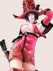 Rule 34 | 1girl, arc system works, armpits, bad id, bad pixiv id, bare shoulders, black hair, breasts, choker, fingerless gloves, gloves, guilty gear, guitar, hat, i-no, instrument, large breasts, miniskirt, mole, nee, nipple slip, nipples, red hat, short hair, skirt, solo, thighhighs, underboob, white background