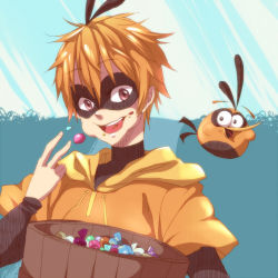 Rule 34 | 1boy, :d, ahoge, angry birds, bad id, bad pixiv id, brown eyes, bubbles (angry birds), candy, eating, food, hood, hoodie, light rays, looking at viewer, lowres, male focus, mask, open mouth, orange bird (angry birds), orange hair, personification, runosuke, smile, solo, sunlight
