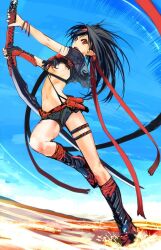 Rule 34 | 1girl, alf874, black hair, black shorts, boots, from side, full body, hair ribbon, hairband, holding, holding sword, holding weapon, knee boots, looking to the side, messy hair, open mouth, original, outdoors, pointy ears, red eyes, red hairband, ribbon, running, shorts, sky, sword, thigh strap, weapon