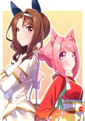 Rule 34 | 2girls, absurdres, animal ears, brown hair, ear covers, freely2327, gloves, haru urara (first urara saku sakura) (umamusume), haru urara (umamusume), height difference, highres, horse ears, horse girl, japanese clothes, kimono, king halo (noble white cheer attire) (umamusume), king halo (umamusume), long sleeves, looking at viewer, multiple girls, official alternate costume, official alternate hairstyle, pink hair, puffy long sleeves, puffy sleeves, red eyes, red kimono, umamusume, upper body, white gloves