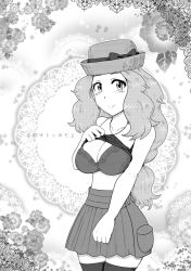 Rule 34 | 10s, 1girl, bare shoulders, black thighhighs, blush, bra, breasts, cleavage, clothes lift, creatures (company), game freak, gouguru, hat, lingerie, long hair, looking at viewer, midriff, monochrome, nintendo, pleated skirt, pokemon, pokemon xy, pouch, serena (pokemon), shirt lift, skirt, smile, solo, thighhighs, thighs, underwear, undressing