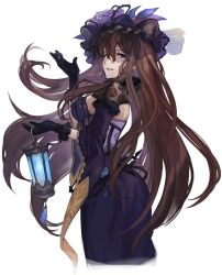 Rule 34 | blue eyes, brown hair, character request, dress, gloves, hashibiro kou (garapiko p), hat, highres, lantern, long hair, looking at viewer, rosetta (granblue fantasy), rosetta (halloween) (granblue fantasy), simple background, sleeves rolled up, smile, solo, standing, very long hair, white background