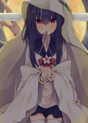 Rule 34 | 1girl, black hair, black skirt, blush, bow, check commentary, commentary, commentary request, cross, flower, full moon, glint, grey hair, hair between eyes, hood, hood up, interlocked fingers, jewelry, latin cross, long hair, long sleeves, looking at viewer, maki soutoki, moon, mouth hold, necklace, original, own hands clasped, own hands together, red bow, red eyes, shirt, sitting, skirt, solo, tears, thighhighs, white flower, white shirt, white thighhighs
