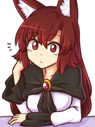 Rule 34 | 1girl, animal ears, breasts, brooch, brown hair, collarbone, commentary, dress, english commentary, eyelashes, hair between eyes, hand in own hair, hand up, image sample, imaizumi kagerou, jewelry, long hair, long sleeves, looking at viewer, medium breasts, red eyes, simple background, solo, touhou, tumblr sample, upper body, white background, white dress, wolf ears, wool (miwol)