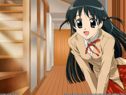 Rule 34 | 00s, 1girl, black eyes, black hair, character name, company name, copyright name, happy, highres, indoors, leaning forward, long hair, looking at viewer, school rumble, school uniform, short twintails, smile, solo, tsukamoto tenma, twintails, two side up, wooden floor