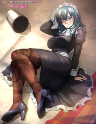 Rule 34 | 1girl, absurdres, alternate costume, arm support, artist name, blue eyes, blue hair, breasts, bridal gauntlets, bucket, byleth (female) (fire emblem), byleth (fire emblem), commentary, english commentary, fallen down, fire emblem, fire emblem: three houses, hair between eyes, high heels, highres, lace, lace-trimmed legwear, lace trim, large breasts, long sleeves, looking at viewer, maid, maid headdress, medium hair, mixed-language commentary, nintendo, patreon username, print thighhighs, solo, thighhighs, vilde loh hocen, watermark, web address
