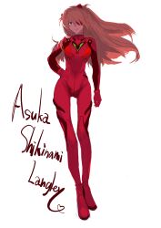Rule 34 | 1girl, absurdres, artist request, blue eyes, bodysuit, breasts, brown hair, character name, curvy, eyepatch, floating hair, full body, gloves, hair ornament, hand on own hip, highres, long hair, looking at viewer, medium breasts, neon genesis evangelion, plugsuit, rebuild of evangelion, red bodysuit, red gloves, simple background, smile, souryuu asuka langley, standing, white background, wide hips