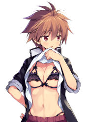 Rule 34 | 1girl, black jacket, blush, bra, breasts, brown hair, clothes lift, commentary request, eguchi sera, hand on own hip, jacket, lifted by self, looking away, looking to the side, medium breasts, navel, odawara hakone, open clothes, open jacket, parted lips, purple bra, red eyes, saki, saki (manga), saki achiga-hen, shirt lift, short hair, short sleeves, simple background, skindentation, solo, stomach, sweat, thong, tomboy, underboob, underwear, upper body, white background, wiping sweat