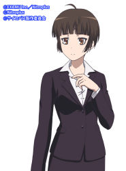 Rule 34 | 10s, 1girl, brown eyes, brown hair, dress shirt, female focus, formal, looking at viewer, looking to the side, nitro+ blasterz, nitroplus, official art, psycho-pass, shirt, short hair, simple background, skirt, solo, suit, tsunemori akane, white background