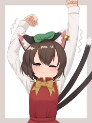 Rule 34 | 1girl, ;3, absurdres, animal ear fluff, animal ears, arms up, asakura haru, border, bow, bowtie, brown hair, cat ears, cat tail, chen, commentary request, double-parted bangs, earrings, gold trim, green hat, grey border, half-closed eye, hat, highres, jewelry, light blush, long sleeves, looking at viewer, mob cap, multiple tails, nekomata, one eye closed, red eyes, red vest, short hair, simple background, single earring, solo, stretching, tail, tearing up, touhou, two tails, upper body, v-shaped eyebrows, vest, white background, yellow bow, yellow bowtie