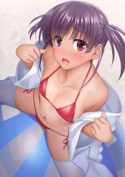 Rule 34 | 1girl, ball, beach, beachball, bikini, blush, collarbone, dutch angle, flat chest, highres, looking at viewer, looking up, navel, one-piece tan, open mouth, purple hair, red bikini, red eyes, saki (manga), sand, see-through, short hair, short twintails, side-tie bikini bottom, sitting, solo, spread legs, suzume inui, swimsuit, tan, tanline, thighhighs, transparent footwear, twintails, undressing, usuzumi hatsumi, white thighhighs