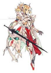 Rule 34 | armor, blonde hair, clarent (fate), ebira, fake horns, fate/apocrypha, fate (series), full body, gauntlets, green eyes, helmet, horned helmet, horns, looking at viewer, mecha musume, mordred (fate), mordred (fate/apocrypha), pauldrons, pelvic curtain, ponytail, shoulder armor, simple background, sword, weapon, white armor, white background